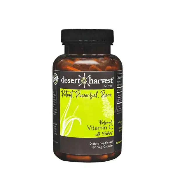 Desert Harvest Buffered C, an IC/BPS-friendly buffered vitamin C supplement with super strength aloe vera, designed to support immune health, antioxidant protection, and urinary tract comfort.