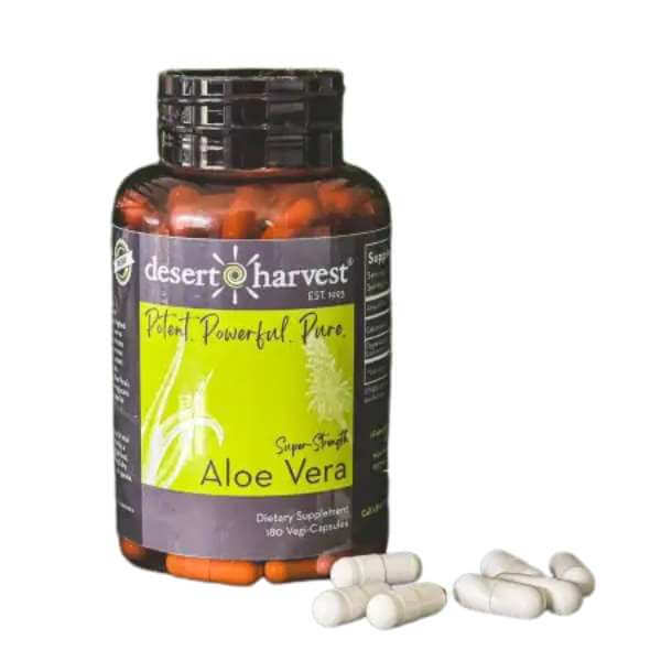 Desert Harvest Super Strength Aloe Vera capsules for bladder health, IC/BPS, and pelvic pain support.